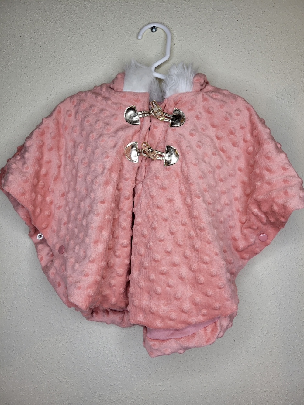 Little Lass Pink Plush Hooded Cape with Faux Fur Trim and Gold Toggles